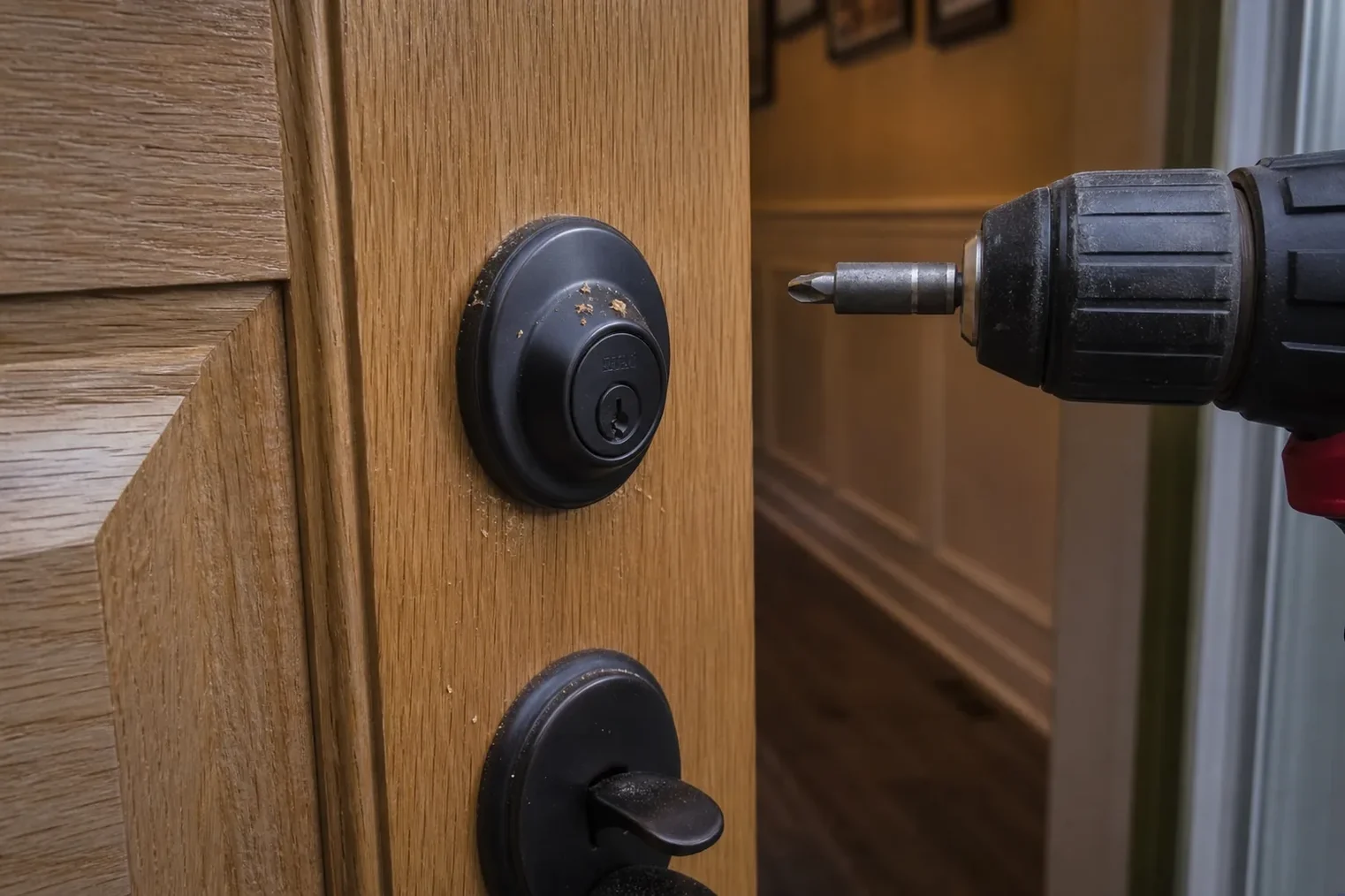 New deadbolt being installed in a front door