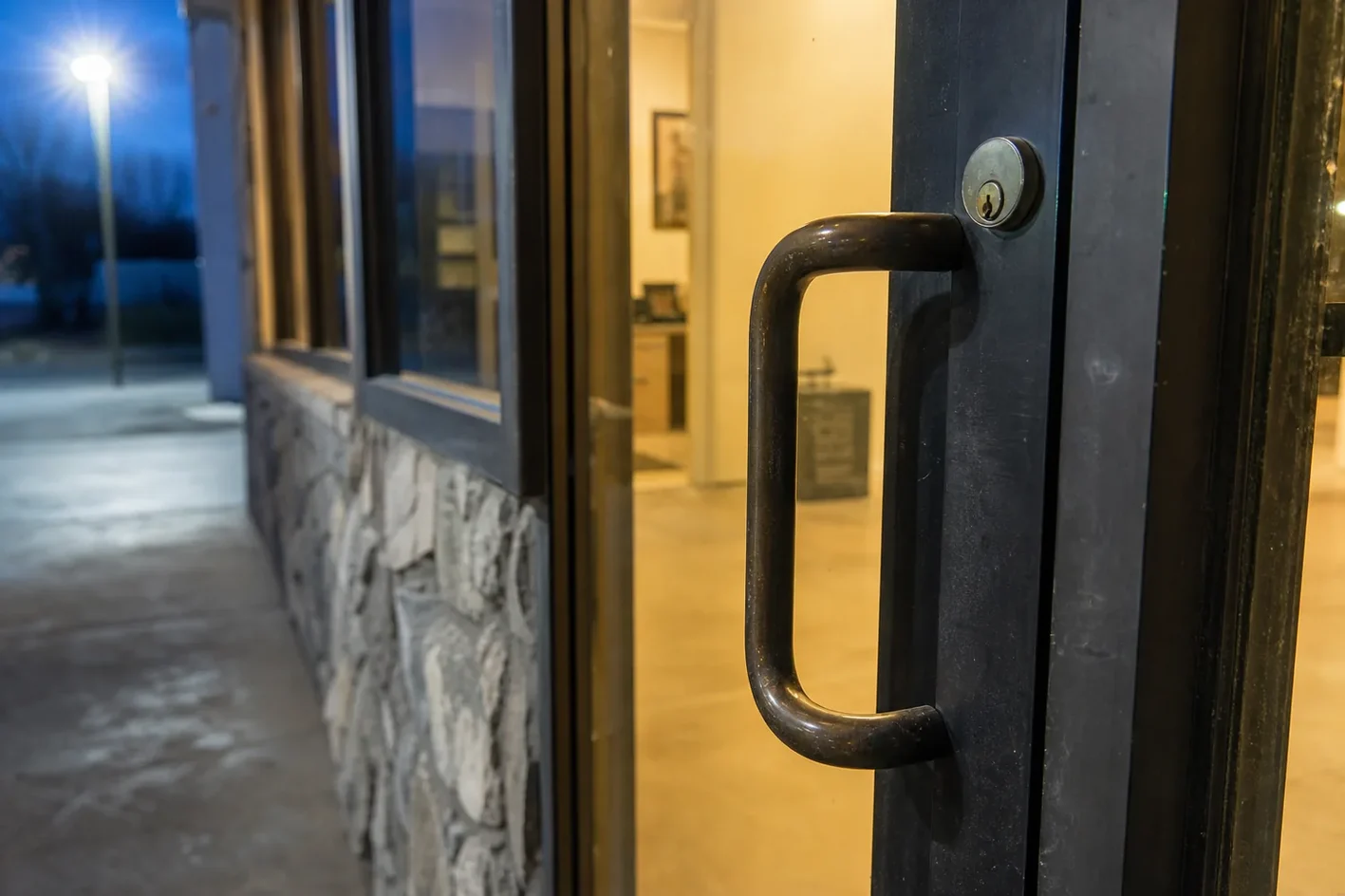 Glass entrance door of a local business